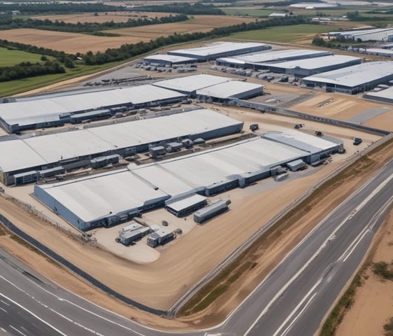 Aerial view of a large industrial complex featuring extensive warehouses with flat and pitched roofs. Numerous trucks and vehicles are parked around the complex, indicating logistics or manufacturing activities. Surrounding the industrial area are green fields and smaller buildings, with roads connecting different sections of the site. The atmosphere appears clear, with farmlands visible in the distance.