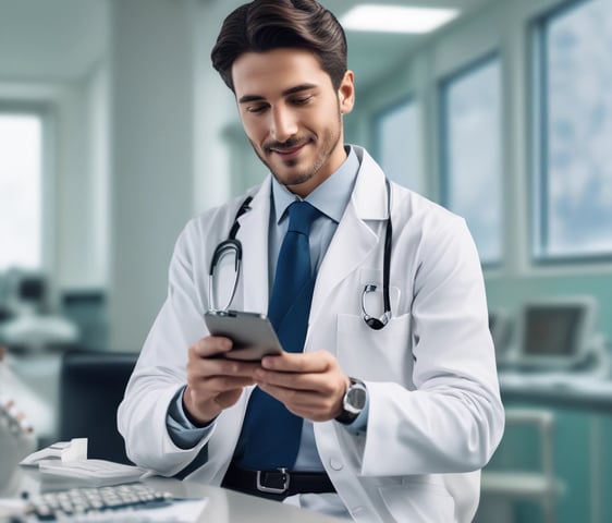 Hands typing on a laptop with a stethoscope resting on the wooden table beside it. The setting suggests a work environment that combines technology with healthcare.