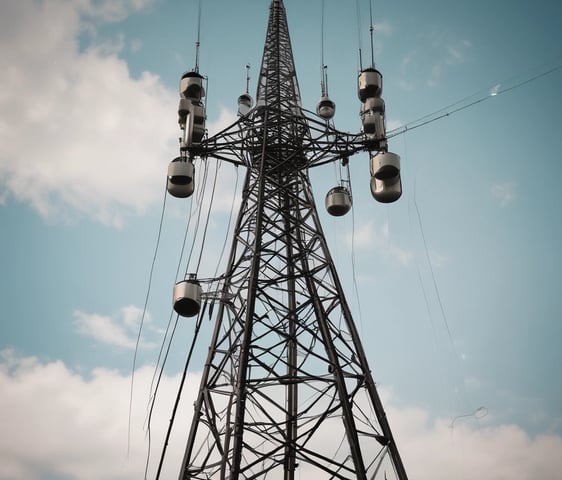 Multiple telecommunications towers rise against a backdrop of a cloudy sky. The towers are tall and metal, equipped with various antennas and satellite dishes. The scene suggests a rural or remote setting with a focus on the technology infrastructure.
