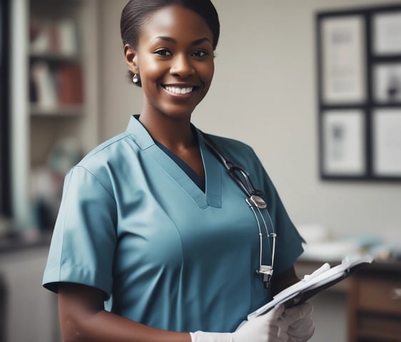 A person wearing a white medical coat and a face mask holds a clipboard and gives a thumbs-up gesture. They have a stethoscope around their neck, and the background is a solid red color.