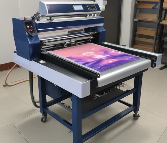 Two men are engaged in a manual screen-printing process in an industrial setting. They are using large screens to apply patterns onto fabrics. The environment appears to be a workshop with various tools and materials scattered around. Ambient lighting creates a focused but slightly dim atmosphere.