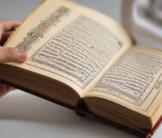 A hand holds a book with a decorative green cover displaying Arabic script and patterns. The book cover includes the title 'Al-Qur'an Wakaf' along with the branding of 'Madina'. There is a combination of ornate designs in white, gold, and green creating an intricate frame around the central text.