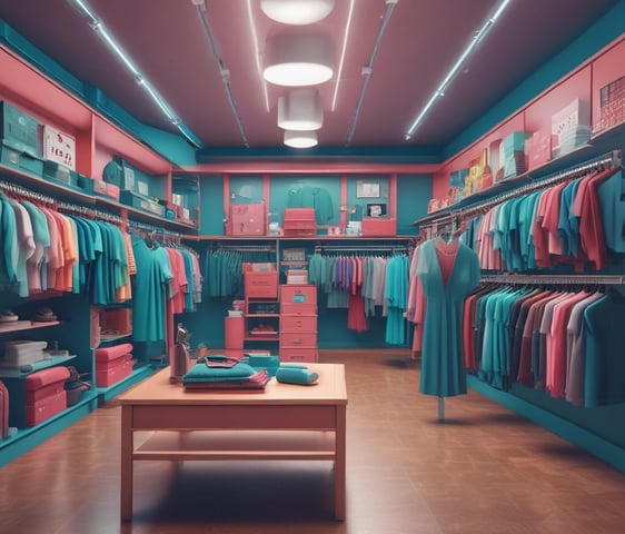 A room filled with a variety of clothing items hanging on racks, with colorful dresses and garments on both sides. To the left, there is a display of hats, featuring several different colors and styles. In the center back of the room is a closed black door labeled 'EMPLOYEES ONLY'. The wall behind the clothing has a teal color.