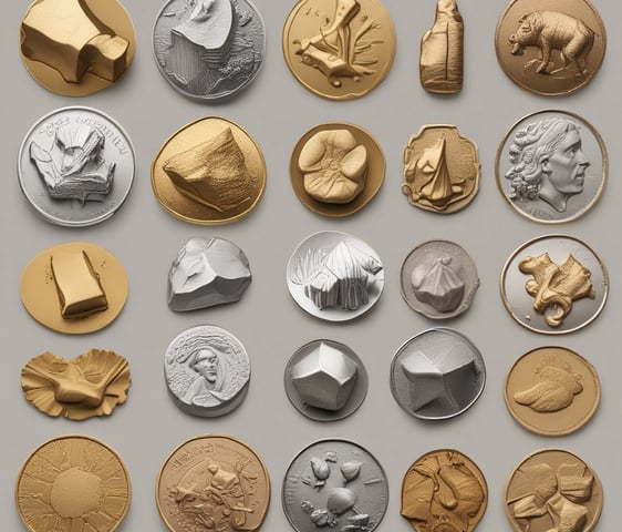 Several silver coins with the inscription 'EXU' are arranged in a pile. In the background, there is an electronic trading platform screen with the word 'executium', some graphs, and trading data.