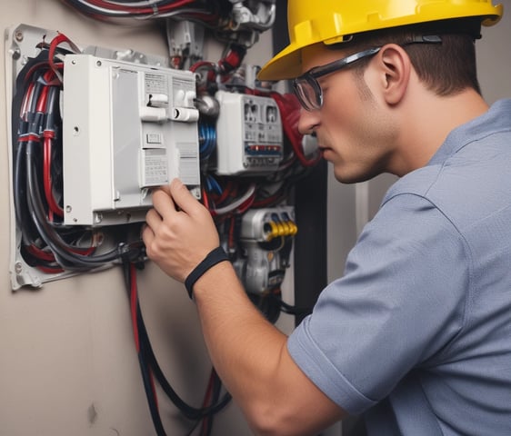 A row of multiple electrical meters and panels is mounted on a brick wall. The setup includes several round meters with clear covers, metal conduits, and electrical boxes. The equipment is organized and securely installed.