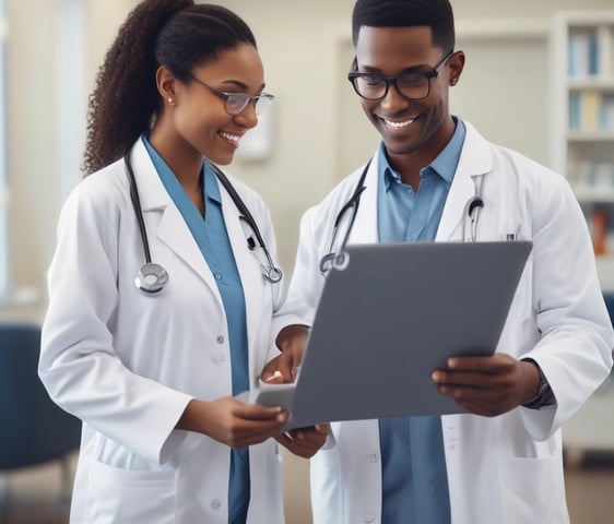 Hands typing on a laptop with a stethoscope resting on the wooden table beside it. The setting suggests a work environment that combines technology with healthcare.