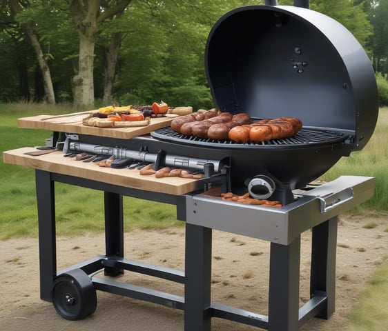 A circular barbecue setup with large sections of meat skewered and arranged around an open flame. The structure is made of stone or concrete, and the scene appears to be outdoors with a rustic vibe. The meat is being cooked over open fire, with the flames visible in the center.