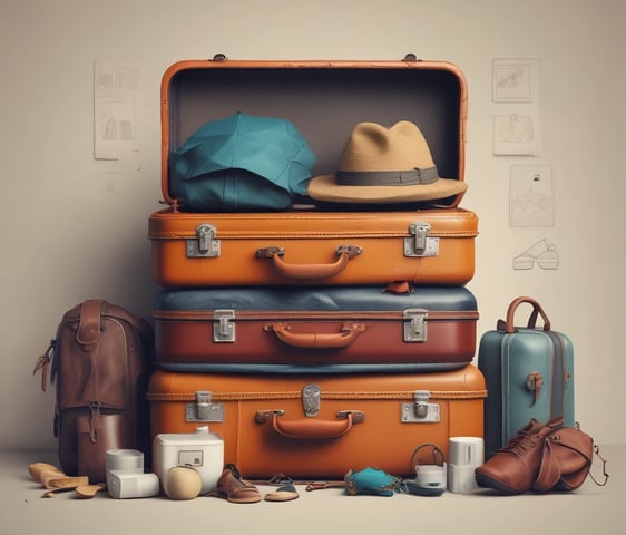 A blue travel bag with brown leather accents sits on a surface. Attached to the handle is a beige tag with the words 'FRUGAL FLYER,' featuring a stylized airplane logo and text promoting travel savings.