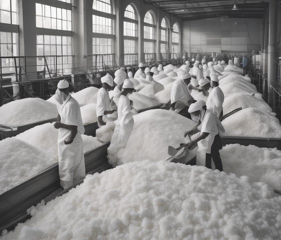 A group of people are engaged in the process of sugar production inside a large industrial building. There is steam rising from the vats, and workers are attending to various tasks such as stirring large pots and inspecting the production process. The atmosphere seems busy and structured, with a focus on labor.