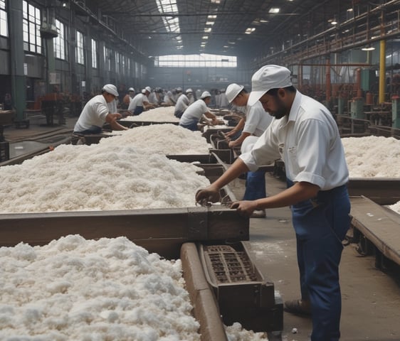 A group of people are engaged in the process of sugar production inside a large industrial building. There is steam rising from the vats, and workers are attending to various tasks such as stirring large pots and inspecting the production process. The atmosphere seems busy and structured, with a focus on labor.