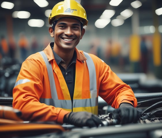 A person wearing a bright red industrial jacket with reflective stripes and a white safety helmet. They are holding a book titled 'Occupational Safety and Health Act' against a plain blue background. The person is smiling and the jacket has a logo on the chest.