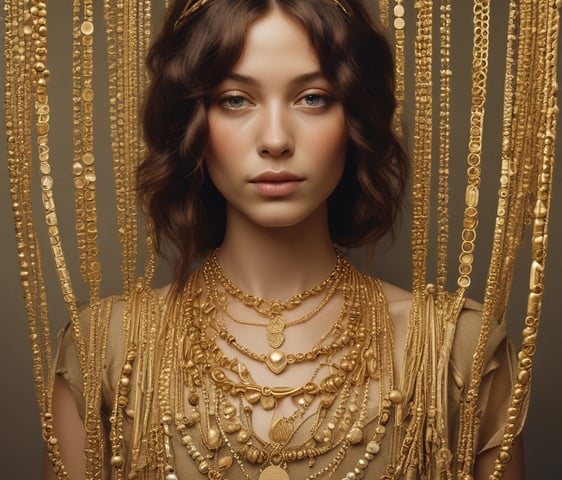 A delicately arranged collection of jewelry pieces, including a bracelet and a necklace, both featuring circular, diamond-like stones. The items are set against a minimalistic white background with a subtle gradient transitioning to a soft peach color. The jewelry pieces are metallic with small intricate details and clasps.