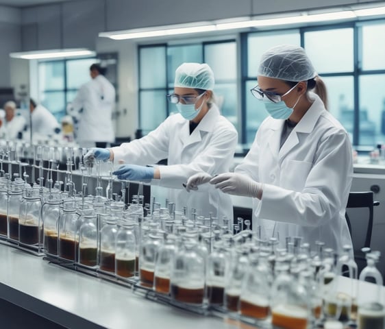 People in protective clothing are working in an indoor agricultural setting, surrounded by rows of plants under artificial lighting.