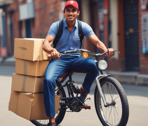 A delivery person wearing a green helmet and jacket rides a scooter. The scooter features a large green delivery box on the back, and the surroundings include lush green trees, suggesting an outdoor environment.