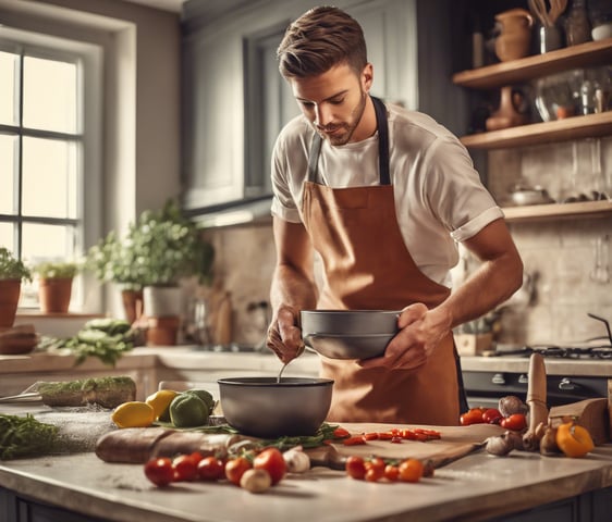 un cuisinier à domicile qui cuisine en mode batch cooking