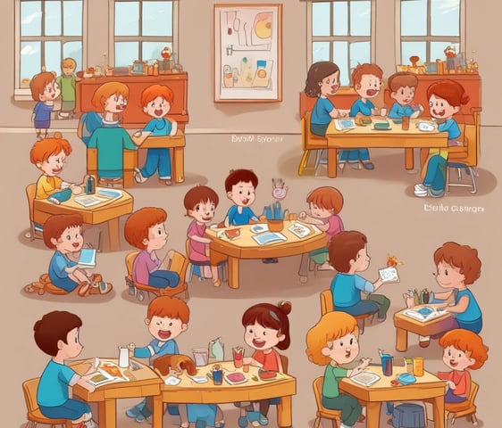 A colorful classroom with small tables and chairs, bright decorations, and educational materials. Children's artwork is displayed on the walls, and there are playful elements like painted benches and a vibrant alphabet rug.