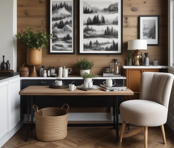 An interior scene featuring a variety of artistic and design elements. A large woven tapestry with fringes is mounted on a textured wall. Below it, a minimalist concrete console table with arched compartments holds several cylindrical and rectangular decorative objects. The ambient lighting is warm, contributing to a cozy atmosphere.