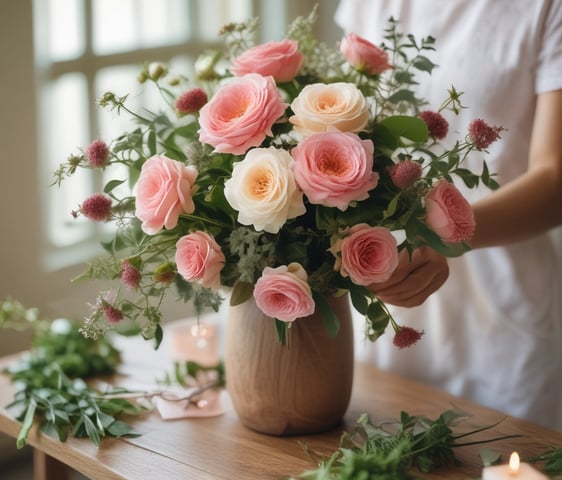 A vibrant floral shop display featuring a wide variety of colorful flowers arranged in vases and wrappings. The arrangement includes shades of pink, purple, orange, and white flowers, surrounded by lush green foliage. The setting is warm with exposed brick walls and decorative elements like wreaths and a neon sign.