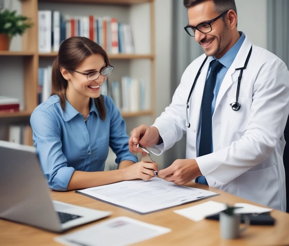 A professional consultation setting with a medical professional sitting at a desk facing a client. The room has a modern aesthetic with white walls decorated with framed certificates. The desk is organized with office supplies, a laptop, and a fruit bowl in the center.