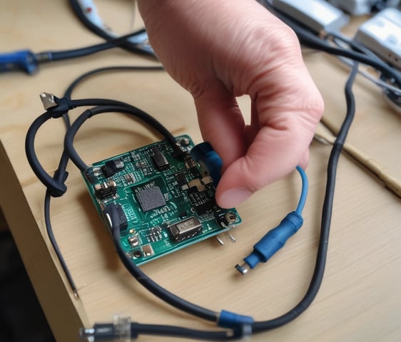 A pair of hands is handling a small electronic device, which is open to reveal its internal components, including a circuit board and a lithium button cell battery labeled CR2032. The device case is yellow and is being held on a white surface with some other parts scattered around.