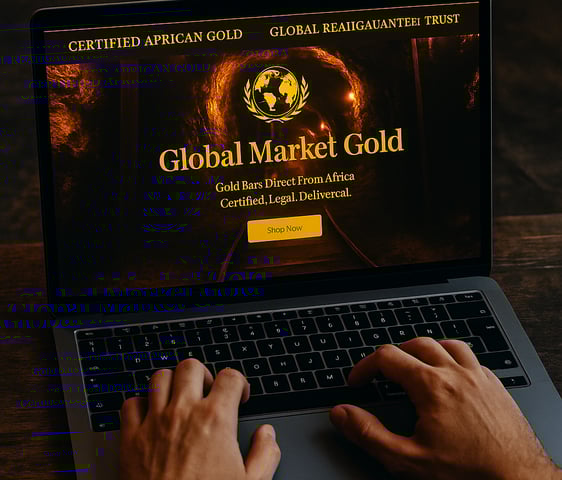 Homepage of Global Market Gold shown on a laptop, featuring certified African gold bars for legal in