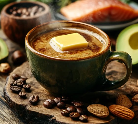 a cup of coffee with butter and nuts