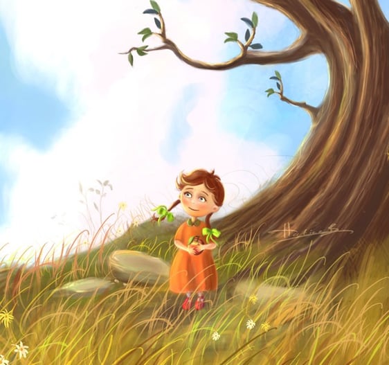 cute cartoon girl standing under an apple tree, holding an apple, surrounded by soft summer grass