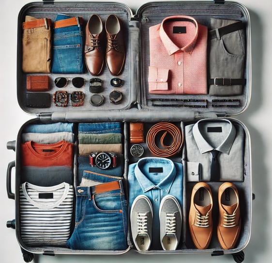 Mala de viagem masculina aberta, mostrando roupas e acessórios bem organizados, pronta para viagem.