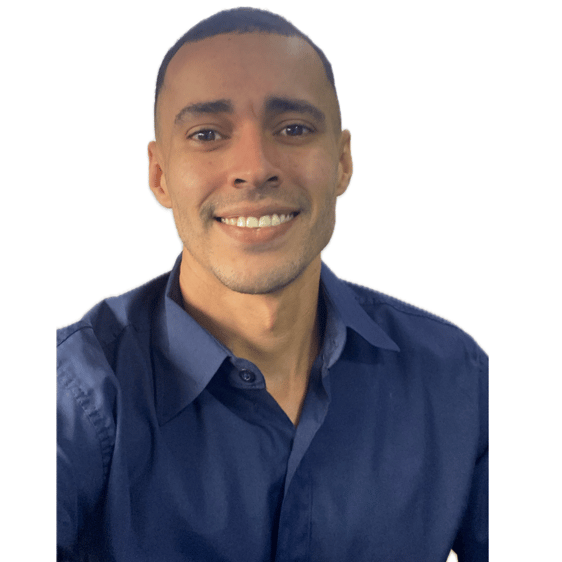 a man in a blue shirt and tie dye on his shirt