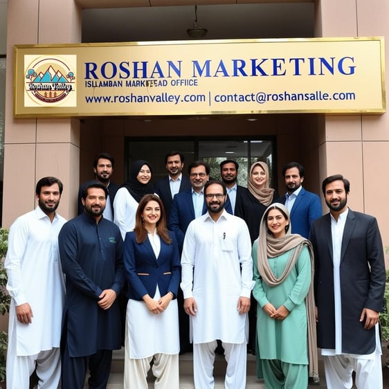 a group of people standing in front of a business sign