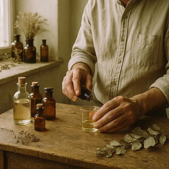 Man mixing essential oils on a wood table