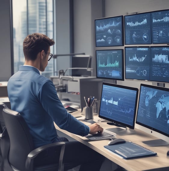 A person is using a MacBook Pro, viewing financial trading information from Questrade. The screen displays detailed trading data and an app interface, emphasizing connectivity and accessibility. The image features a modern setting with a couch in the background and some houseplants.