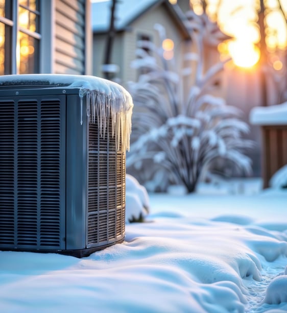 External Heat Pump outside of a house in winter weather with snow and ice around the house