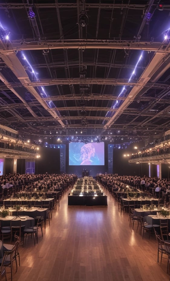 An outdoor event with a large crowd of people seated in plastic chairs. A stage is set up with a large screen displaying colored panels and graphics. Some attendees are wearing shirts labeled 'VOLUNTEER' and colorful clothing, using umbrellas to shield themselves from the sun. The backdrop features a building with a geometric pattern of windows.