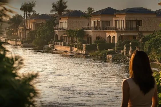 Scenic sunset view of waterfront villas in Jirian overlooking the New Nile – Mountain View × Nations