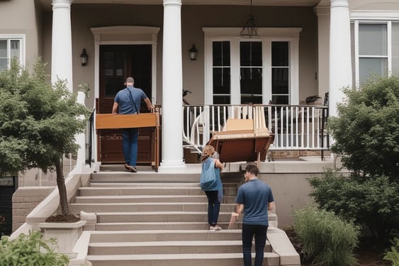 a man and woman moving a couch in front of a house