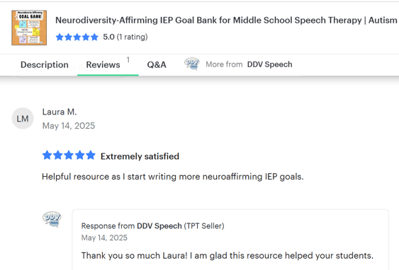 5 star customer review from TPT