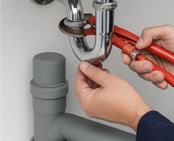 a plumber fixing a pipe in a bathroom