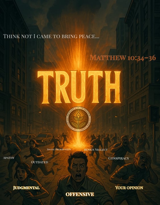 A dramatic city scene with crowds of people running in fear from a glowing, divine word “TRUTH” erupting like fire in the mid