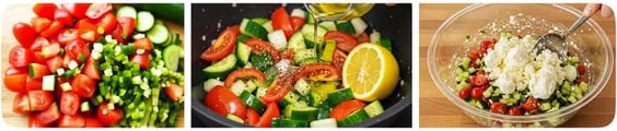 The image shows chopping vegetables, mixing with olive oil and lemon, and adding cottage cheese.