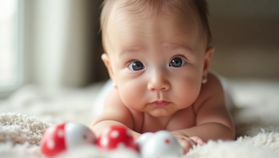 Olhar atento de bebê de 2 a 3 meses fixado em objeto próximo
