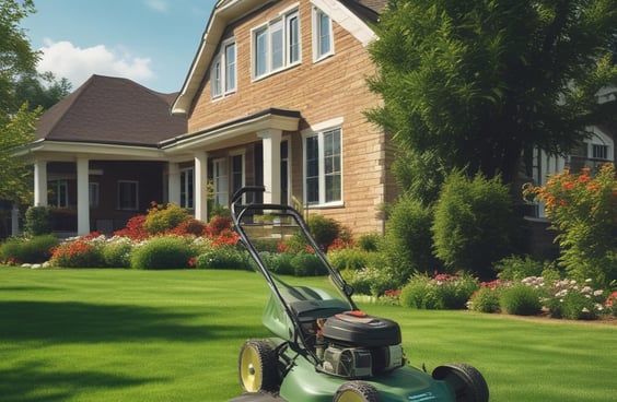 A showroom displaying various garden machinery, including several red riding lawn mowers and a variety of power tools. The central focus is a red ride-on mower with an attached cart. The background features a large window with views of buildings outside.