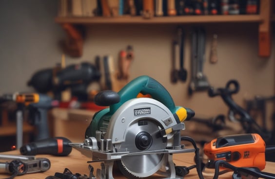 A showroom displaying various garden machinery, including several red riding lawn mowers and a variety of power tools. The central focus is a red ride-on mower with an attached cart. The background features a large window with views of buildings outside.