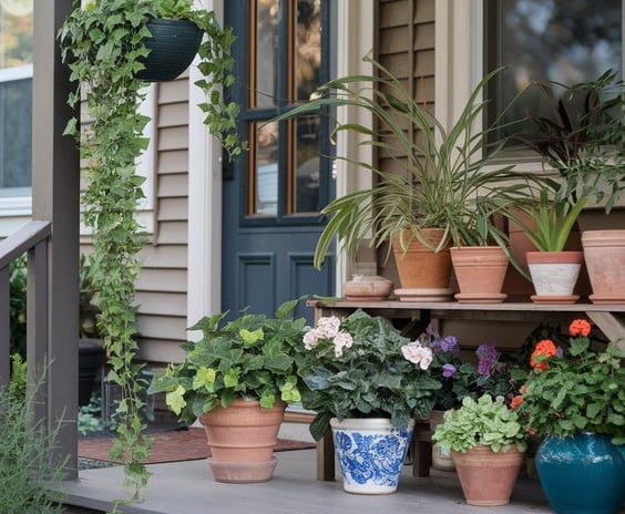 A collection of potted plants in terracotta and ceramic pots, arranged on a wooden stand