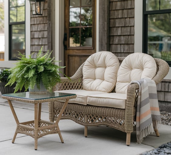 A wicker loveseat with cream cushions, a soft throw draped over one side, and a small glass-topped t