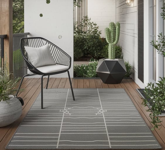 A black metal chair with a white cushion, a geometric planter with a single cactus, and a clean-line