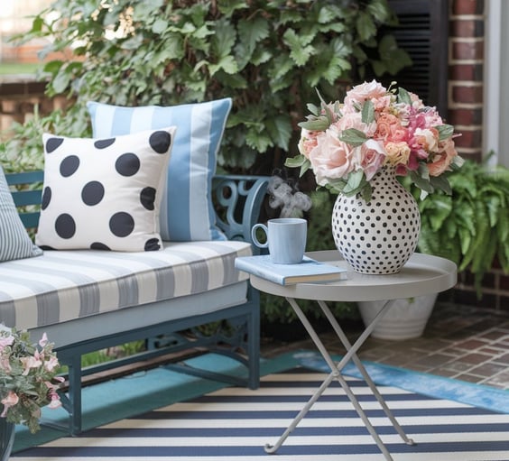 A striped outdoor rug paired with polka-dot cushions on a bench, with a small table featuring a patt