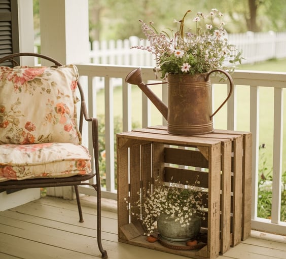 A rustic crate used as a side table, holding an antique watering can filled with wildflowers, next t