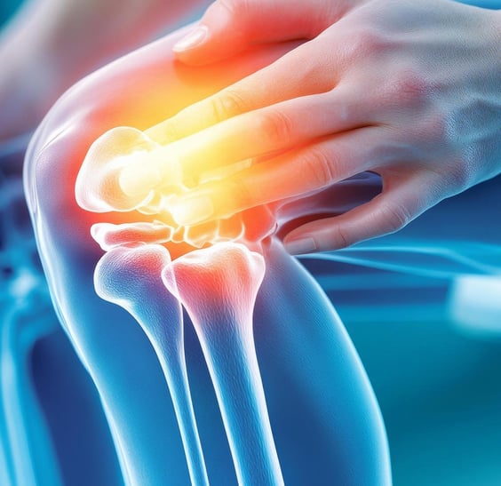 Close-up image of a painful skeleton knee joint inside of a woman's knee