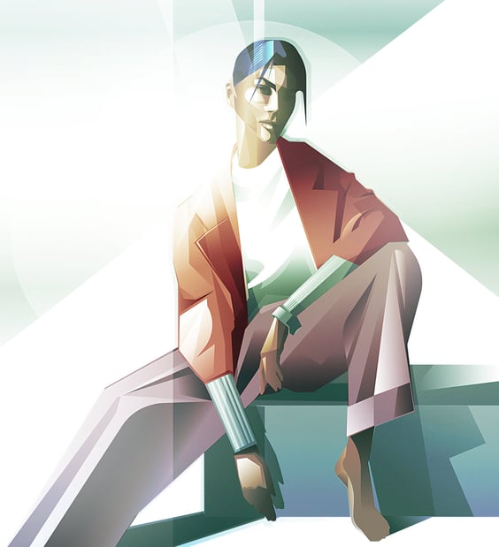 Geometric illustration of seated figure with abstract background and modern editorial style.
